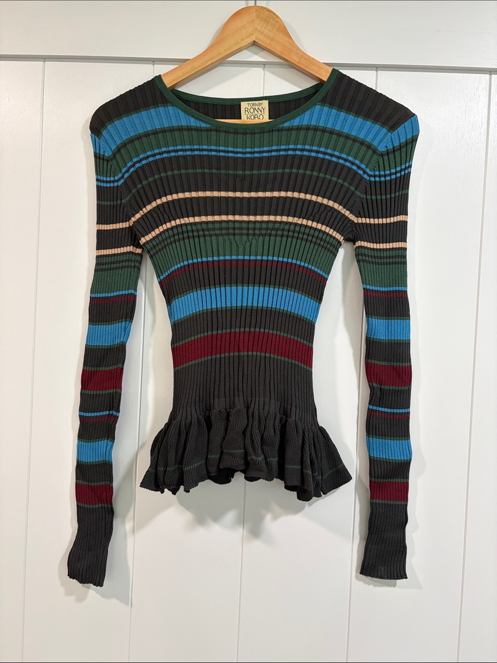 Torn by Ronny Kobo Collection Black Striped Ribbed Peplum Long-Sleeve Top